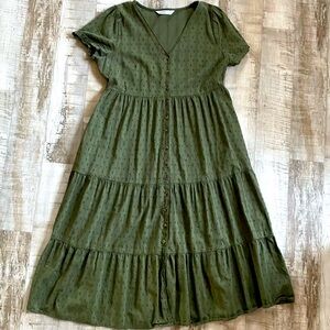 Sonoma Forest Green Boho Homestead Cottage Core Button Up Midi V Neck Dress